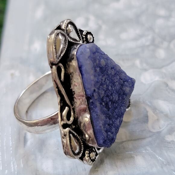 Blue Druzy Quartz Statement rings, Sterling Silver Ring, Size 7.25 - Picture 2 of 9